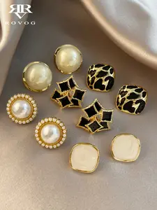 5 Pairs Elegant Stud Earrings Set, Earring Pack, French Imitation Pearl, Geometric Design, Daily Wear, Fashionable Ear Jewelry for Women
