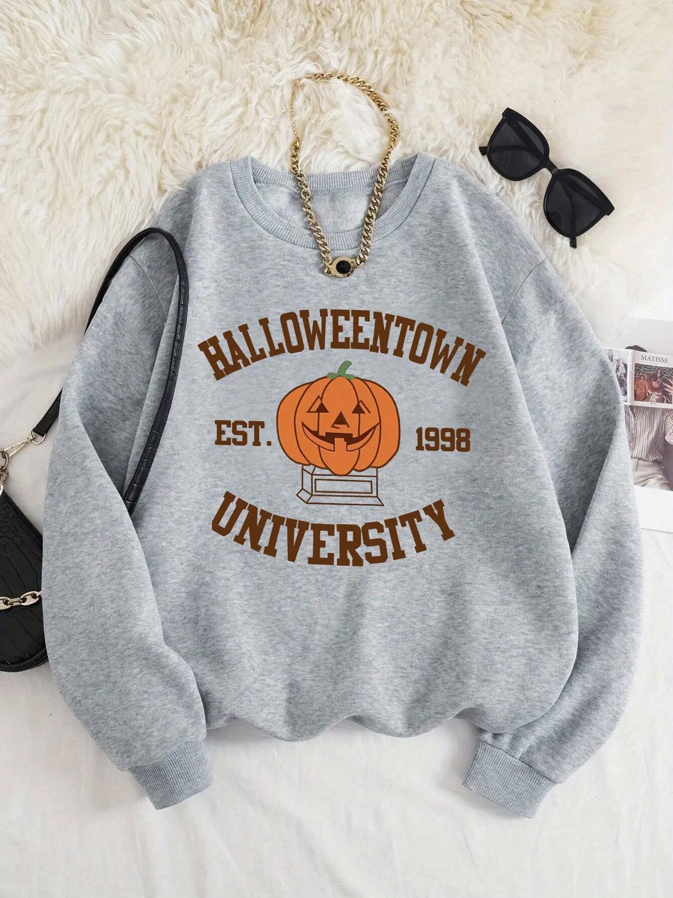 Women's Letter Print Drop Shoulder Sweatshirt, Casual Halloween Long Sleeve Round Neck Pullover for Spring & Fall, Lady Clothes for Daily Wear Black Girl Outfits