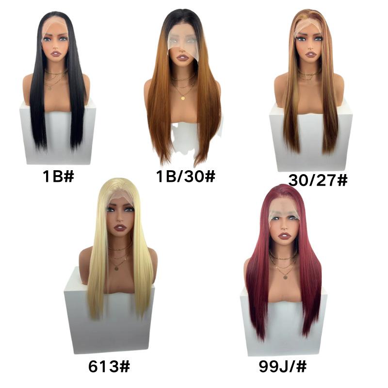 Front lace wig for women, long straight hair, no bangs, available in multiple colors, high-end and realistic