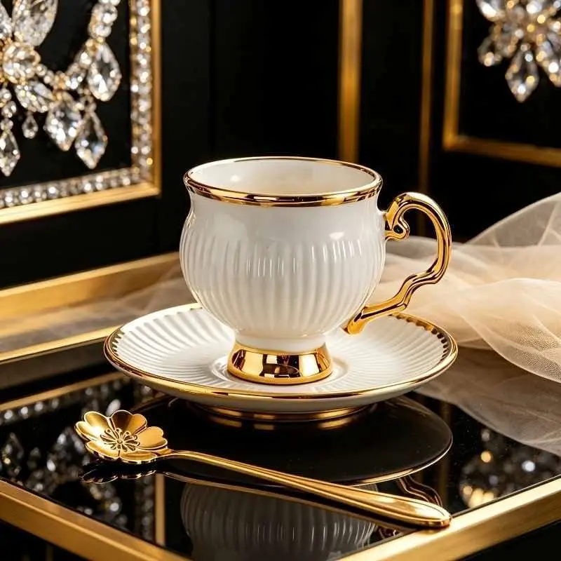 100ml, Ceramic Coffee Mug Set, Ceramic cup *1 + Ceramic saucer *1+ Stainless steel spoon *1, Water cup/coffee cup/tea cup, for home/office/coffee shop, 3-piece set