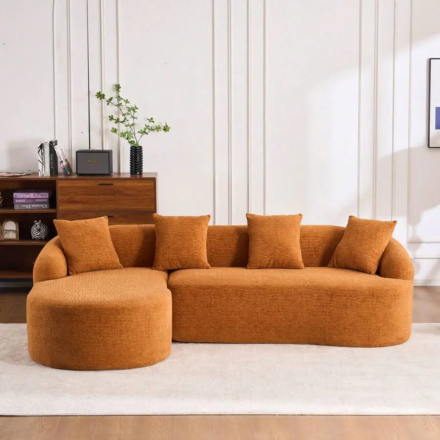 Luxury Modern L-Shaped Sectional Sofa With Chaise Longue, 99" 4-Seater Comfy Cloud Couch Sleeper, Oversized Deep Seat Chenille Sofa Living Room, Wood Grain Upholstered Modular Couch With 4 Pillows,-Density Sponge Compression Sofa Set