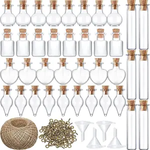 Geiserailie 50 Pieces Small Tiny Glass Spell Jars Bottle with Cork Stopper Witchy Gifts Witchcraft Supplies Wishing Bottles with Eye Screws Funnel Rope for DIY Crafts(Transparent, Style A)