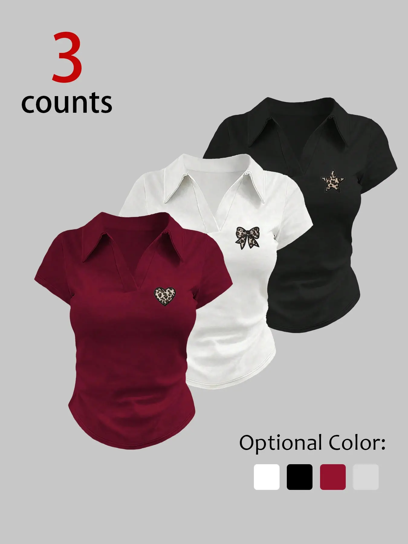 3 Counts Women V Neck Polo Short Sleeve T-Shirt, Leopard Heart Bow Star Embroidery Ruched Curved Hem Fitted Top, Y2K Slim Fit Casual Tee, Trendy Summer Fashion Blouse for Street Daily Going Out Outfits Summer Tops