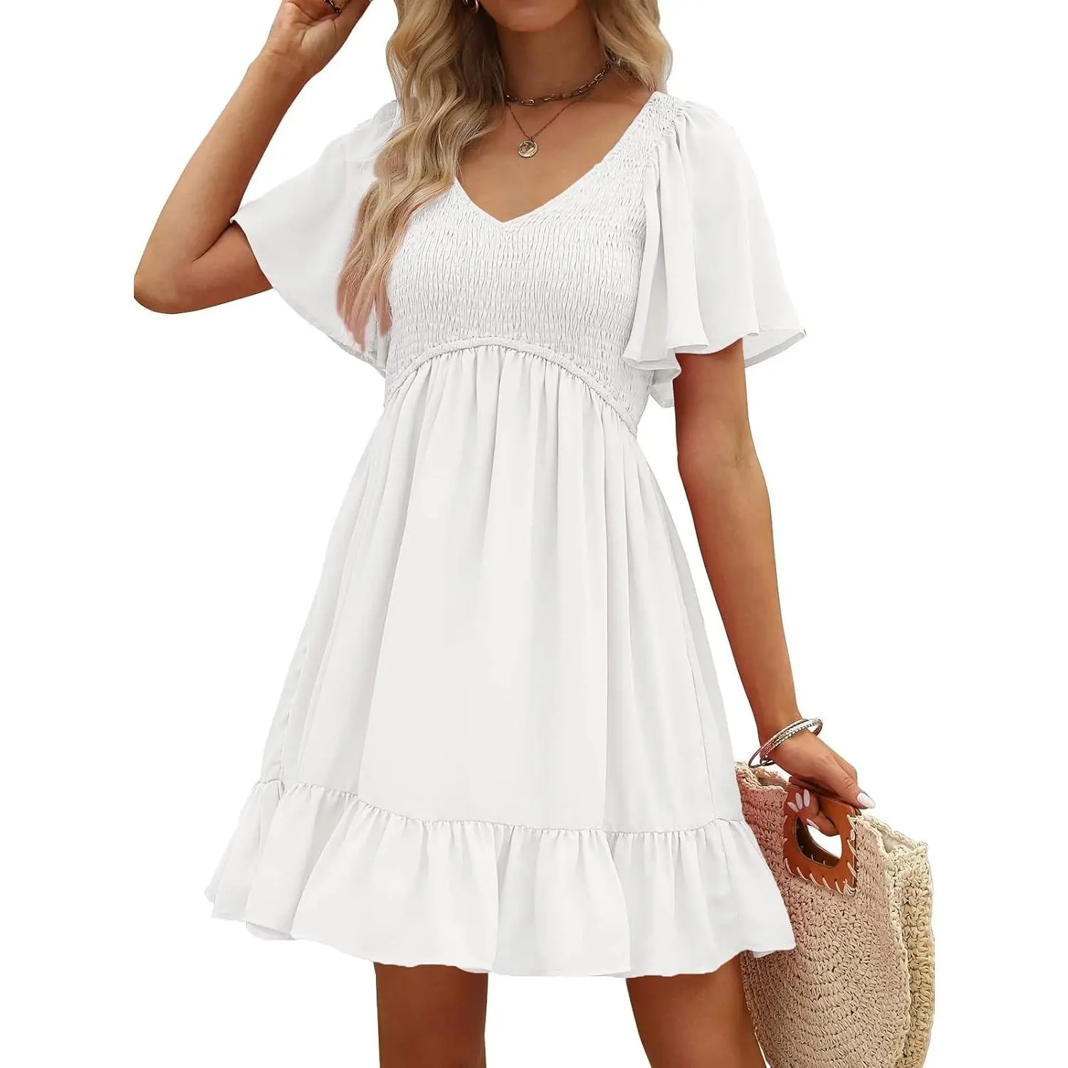 Women's Flowy Casual Mini Dresses 2026 Summer Graduation Smocked V Neck Vacation Dress with Pockets