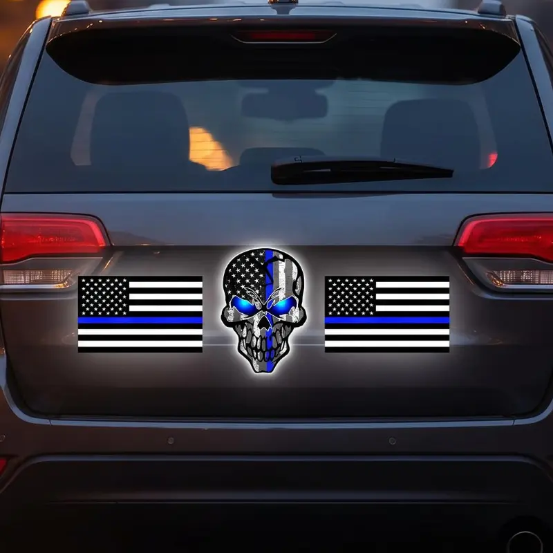 3PCS Premium Reflective American Flag Thin Blue Line Military Skull Decals - Police Support Stickers, Decals for Trucks, Vehicle Exterior Decoration, Motorcycle & Semi Truck Accessories
