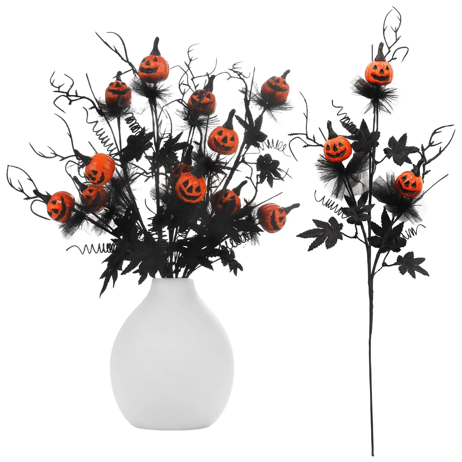 5pcs Halloween Decorations, 19.5inch Artificial Pumpkin Maple Leaf Floral Stems, Home Indoor Party Vase Arrangement Decor, /