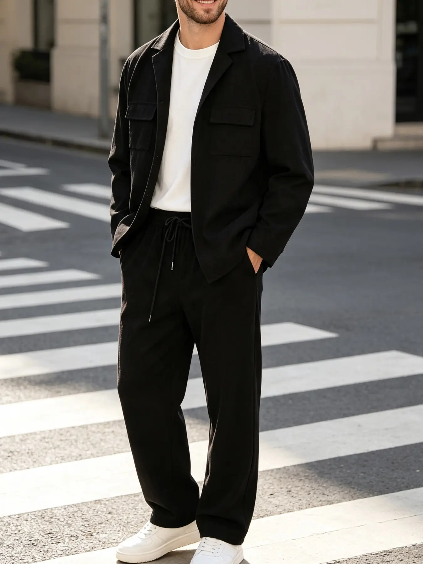Men Solid Black Textured 2 Piece Co-Ord Suit, Notched Lapel Long Sleeve Blazer Jacket & Elastic Drawstring Wide Leg Trousers, Soft Light Breathable Fabric, Dual Wear For Daily Office Commute, Street Casual, Evening Outfits, Menswear