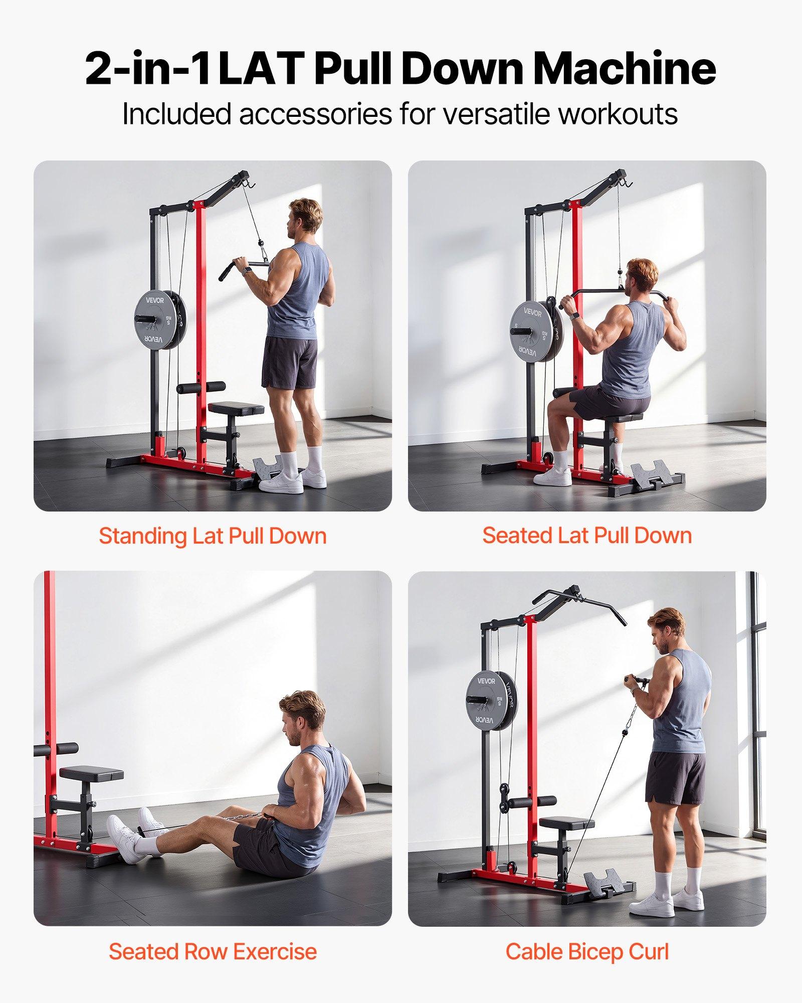 VEVOR 2-in-1 Carbon Steel LAT Pull Down & Row Cable Machine, Home Gym Hand Tool Kit with 3-Level Adjustable Seat, 4-Level Adjustable Foam Roller, 500lb Load Lat Tower for Back Workouts, Black Red