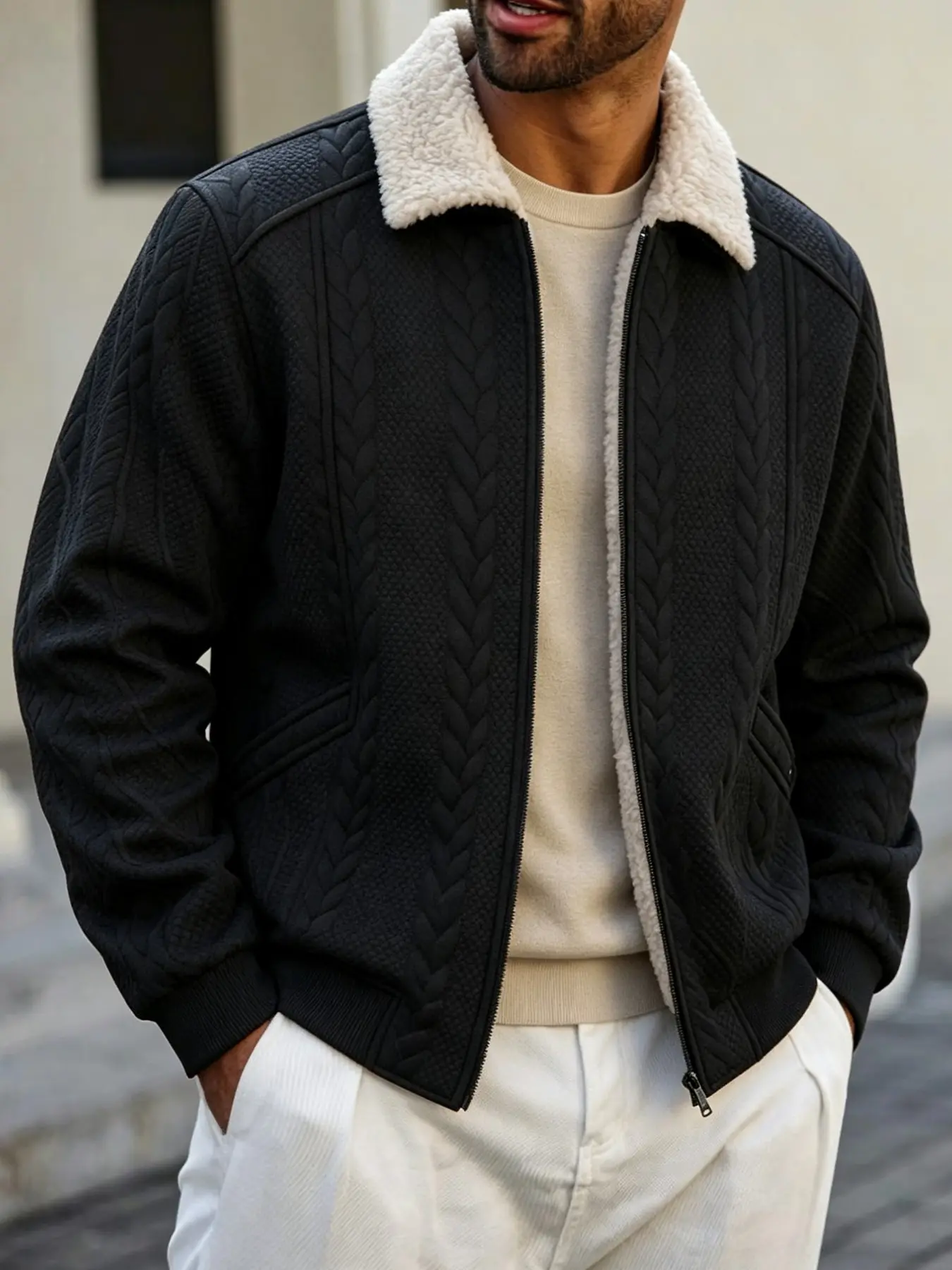 Men's Fall Winter Jacket, Herringbone Texture Outer Layer, Warm Fleece Ski Jacket, Windproof Outdoor Insulated Fur Collar Coat, Casual Daily Wear