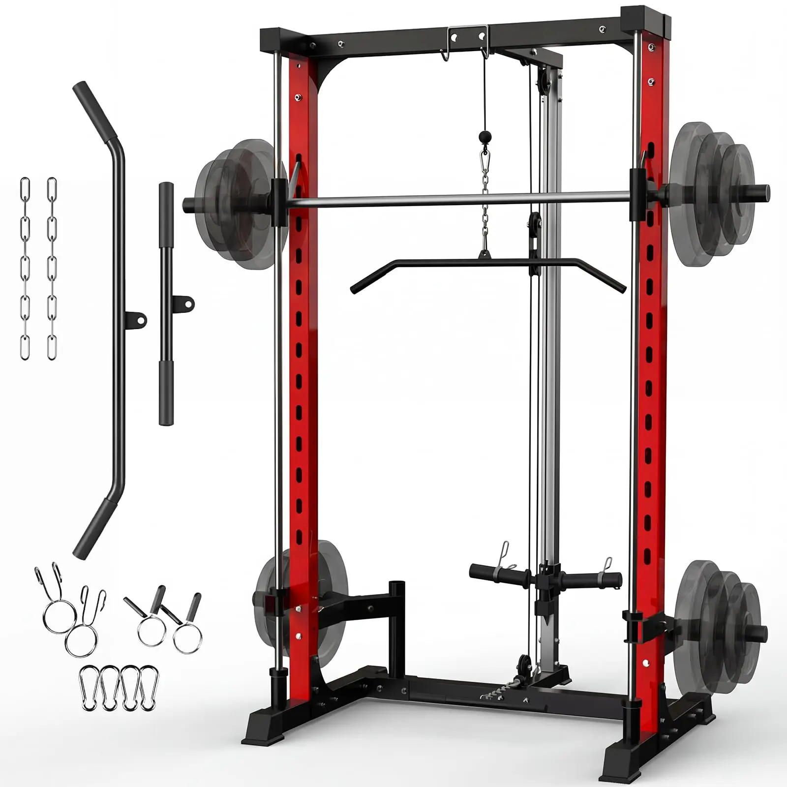 Smith Machine, 1000LBS Multi-Functional Squat Rack with LAT-Pull Down System, Power Rack with Barbell Bar, Power Cage with Attachments Full Body Training for Home Gym(2 Boxes)
