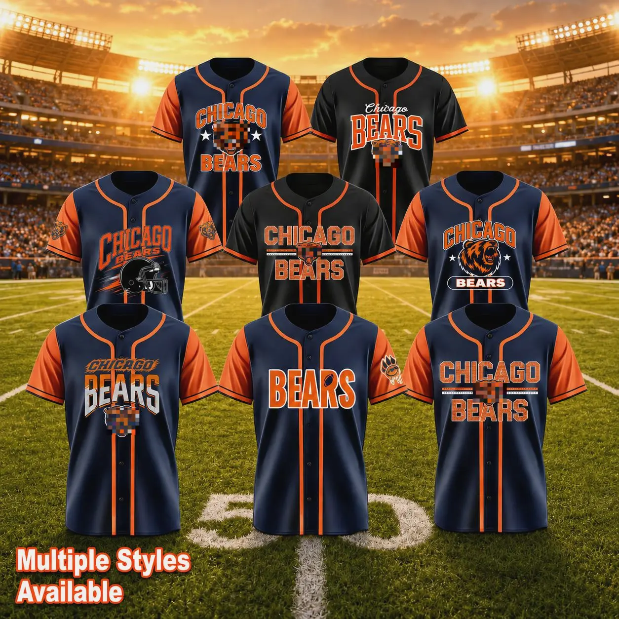 Chicago Bears King Of The North Short-Sleeve Button-Front Athletic Jersey - Vintage Crown Bear Graphic, Navy Orange, Multi-Size Professional Game Wear Gift for Fans (Short Sleeve Tops Included)