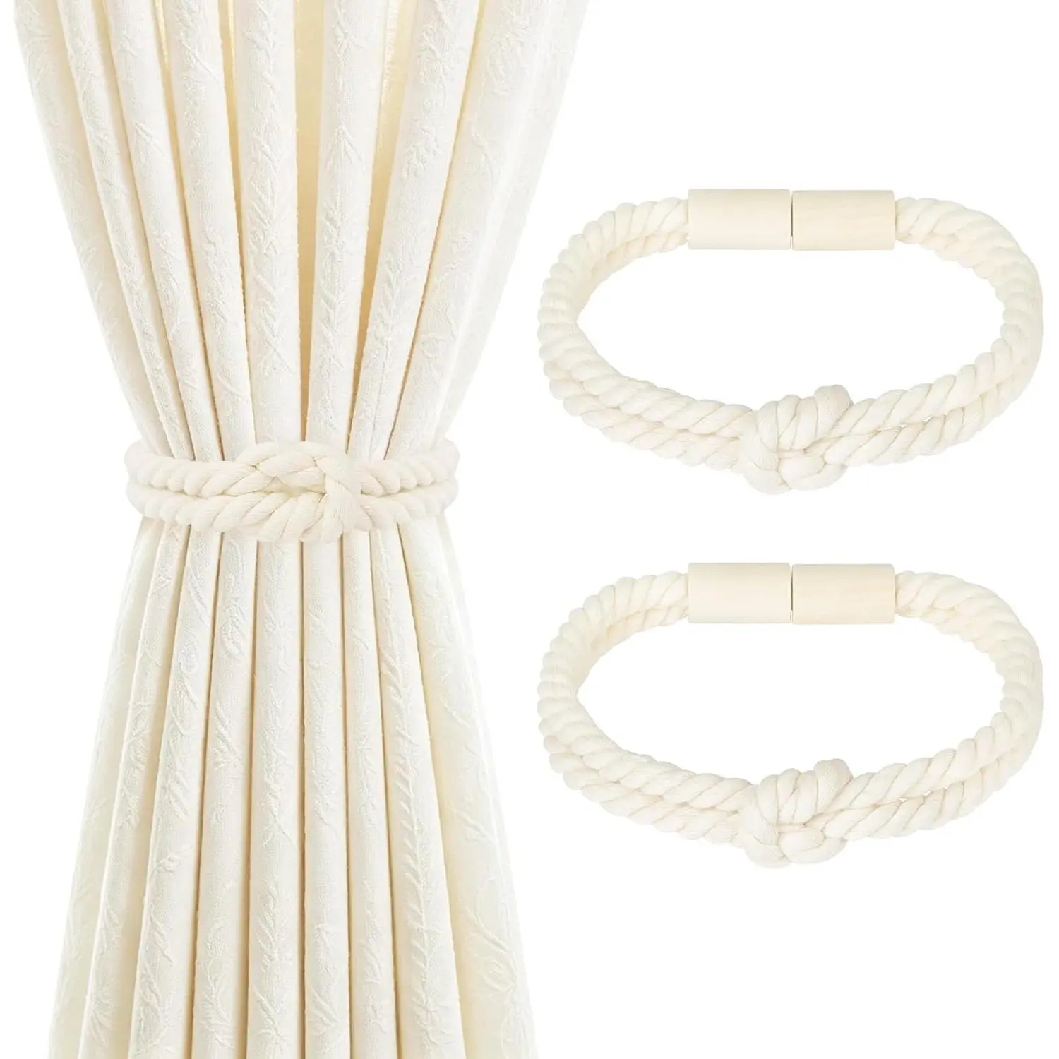 Curtain Tiebacks, Boho Curtain Holdbacks, Beige, 2 count | Adjustable and Decorative Knot Design,  , Braided  Rope, Suitable for Living Room, Bedroom, Bathroom, Patio
