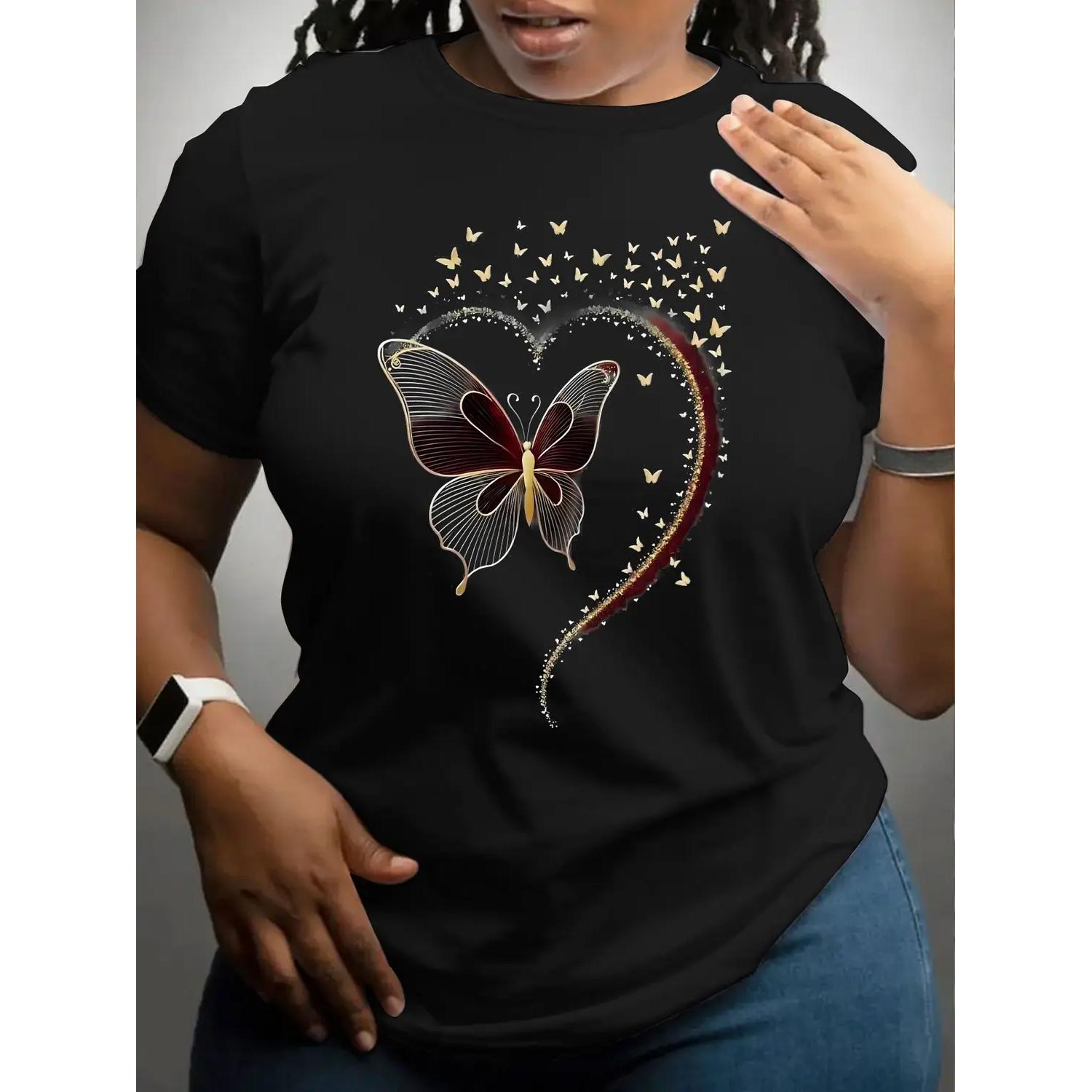 Trek Gear Lab  T-Shirt  Women's Plus Size Heart Butterfly Print Round Neck T-Shirt, Casual Short Sleeve Top, Spring Summer Fashion, Long Clothing, Fitted
