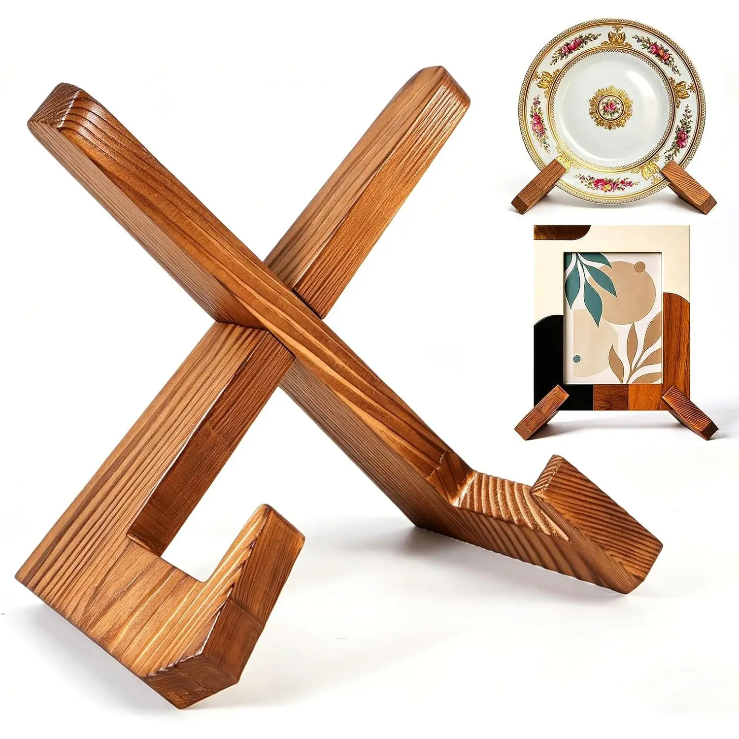 6.5 Inch Durable Country Wooden Plate Rack Organiser - Desktop Decorative Display Stand for Kitchen Countertop, Photo Frame & Recipe Holder