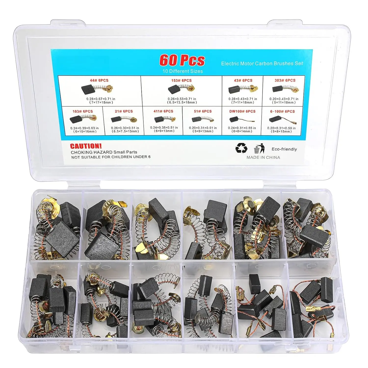 60 count Electric  Carbon Brushes Set, 10  Sizes Graphite & Copper   for Power Tools, Drills, Saws, Grinders, Motors