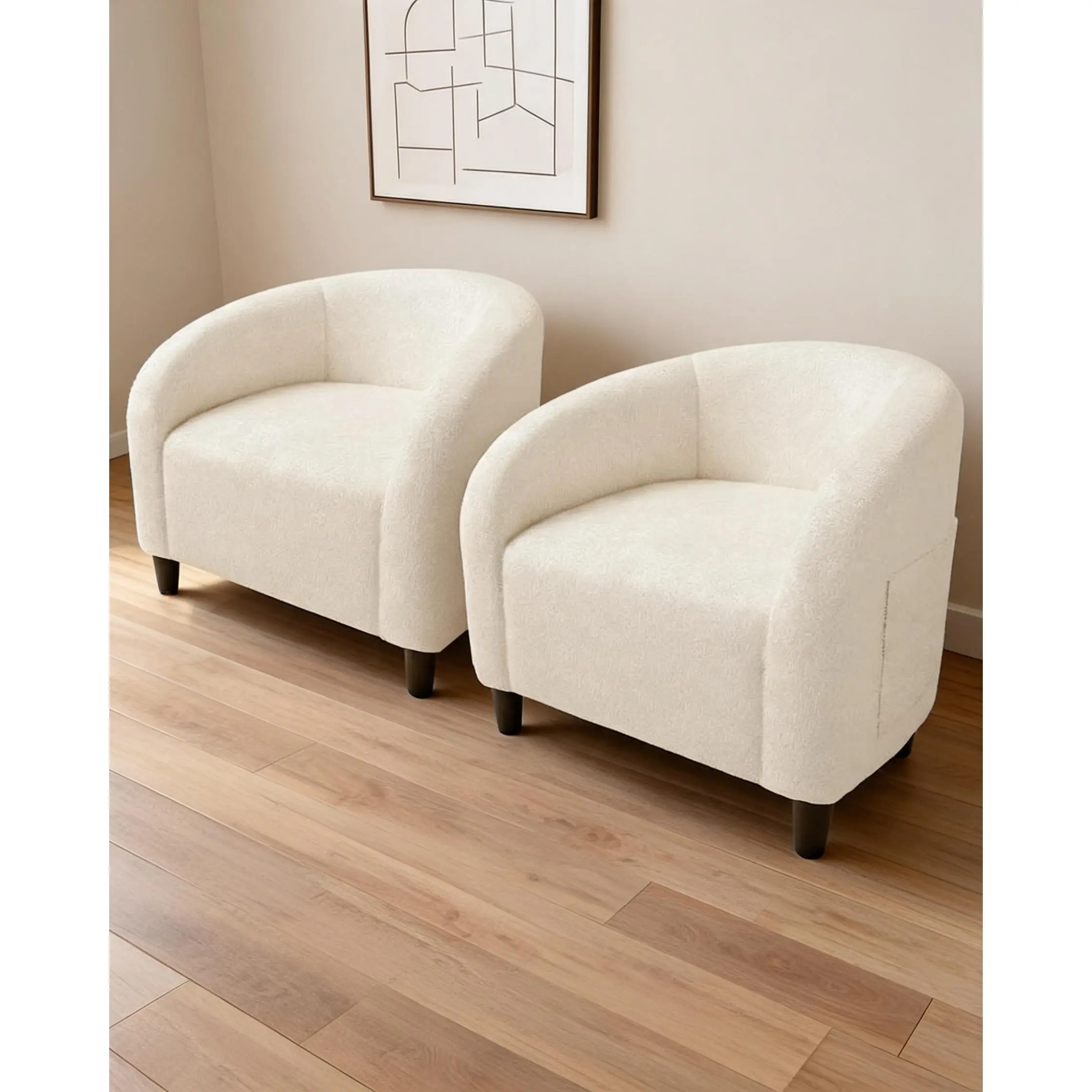 Set of 2 Barrel Chairs – Boucle Sherpa Upholstery, Ergonomic Design – Thick Foam, Sturdy Wood/Metal Legs – for Living Room/Reading Nook – 4 Colors