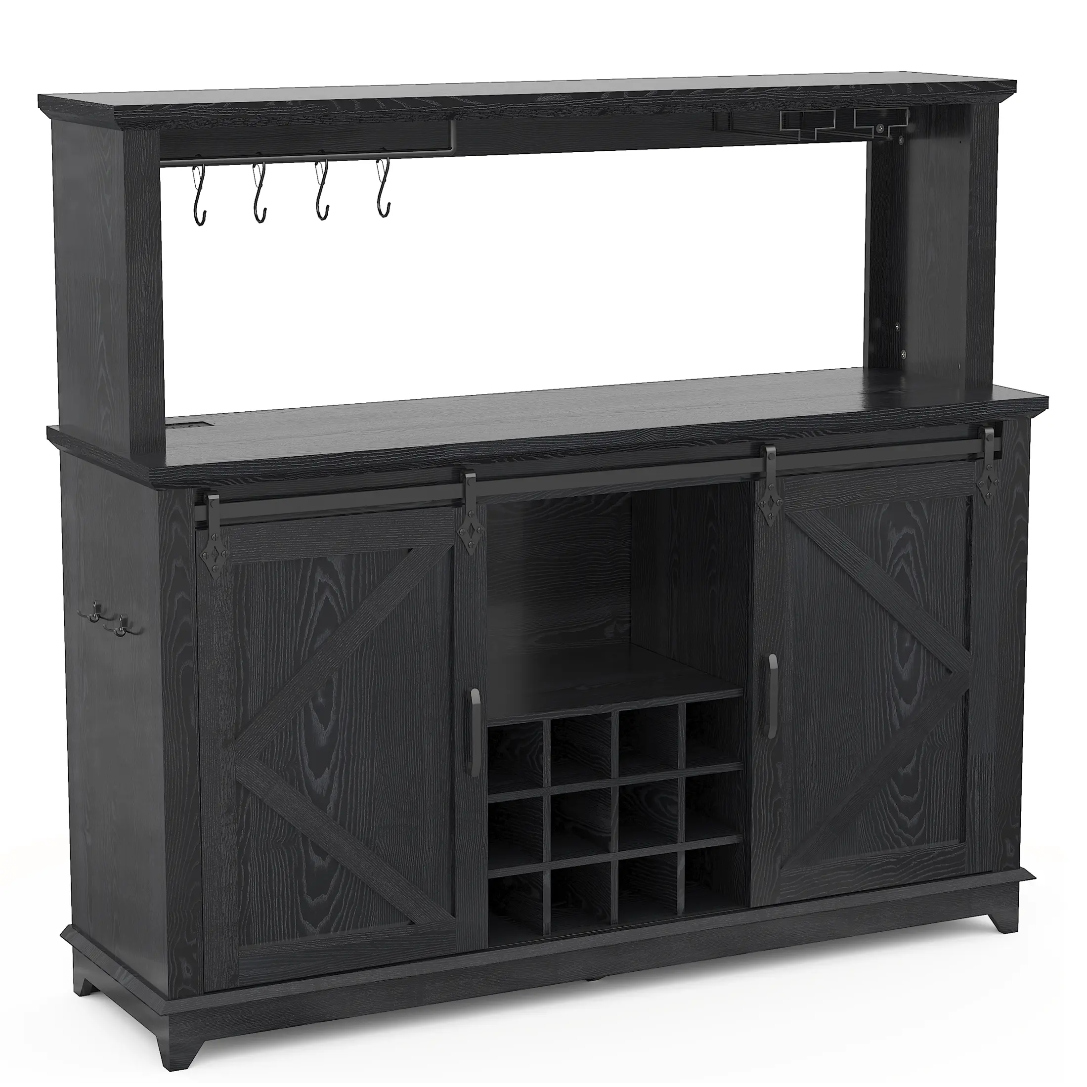 Farmhouse Coffee Bar Cabinet– Sliding Barn Door, Built-in Power Outlet, LED Light, Storage Drawers,Wine Rack