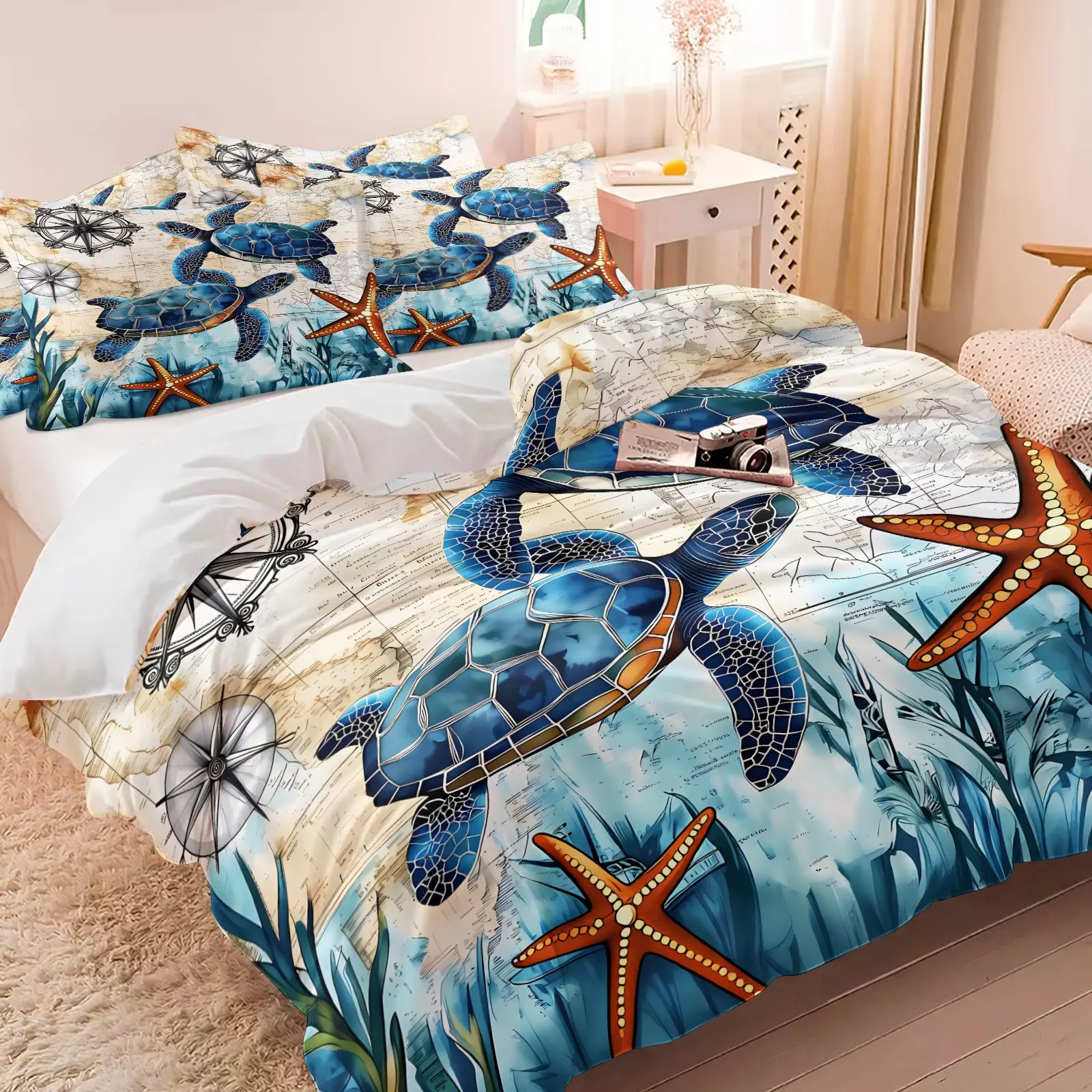 Vintage Nautical Sea Turtle Map Duvet Cover Set (Includes 1 Duvet Cover + 1/2 Pillowcases), Ultra-Fine Fiber Soft Breathable Comfy Bed Linens, Coastal Ocean Aesthetic Bedroom Decor, HD Digital Print All Seasons Bedding, Comfy Bed Sets, Printed Bedding Set