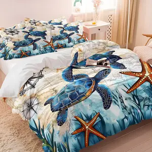 Vintage Nautical Sea Turtle Map Duvet Cover Set (Includes 1 Duvet Cover + 1/2 Pillowcases), Ultra-Fine Fiber Soft Breathable Comfy Bed Linens, Coastal Ocean Aesthetic Bedroom Decor, HD Digital Print All Seasons Bedding