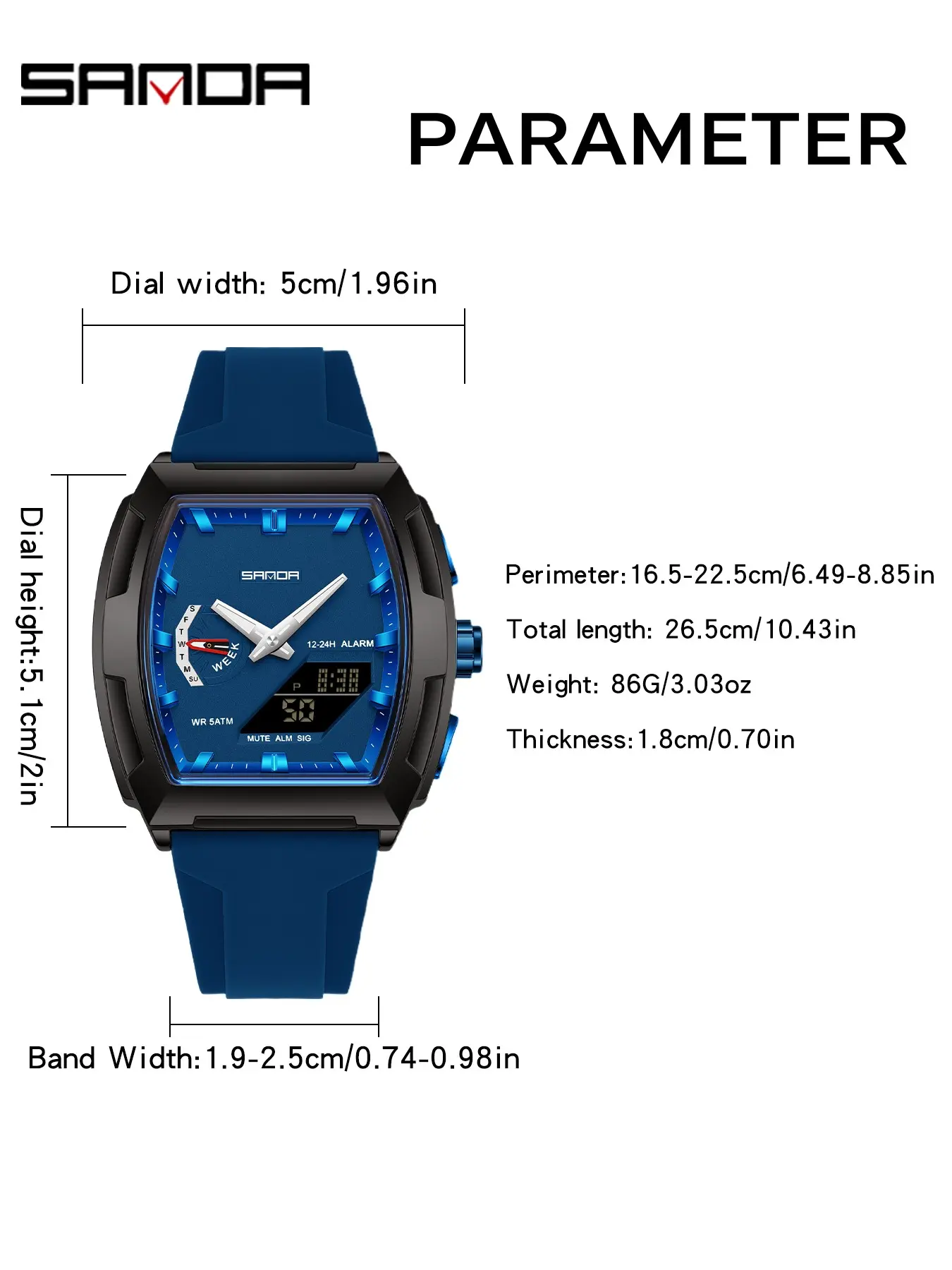 Sanda Multifunctional Sports Tonneau Digital Watch, Dual Display, Waterproof, Detachable Strap, World Time, Stopwatch, 5 Alarms, Casual Style