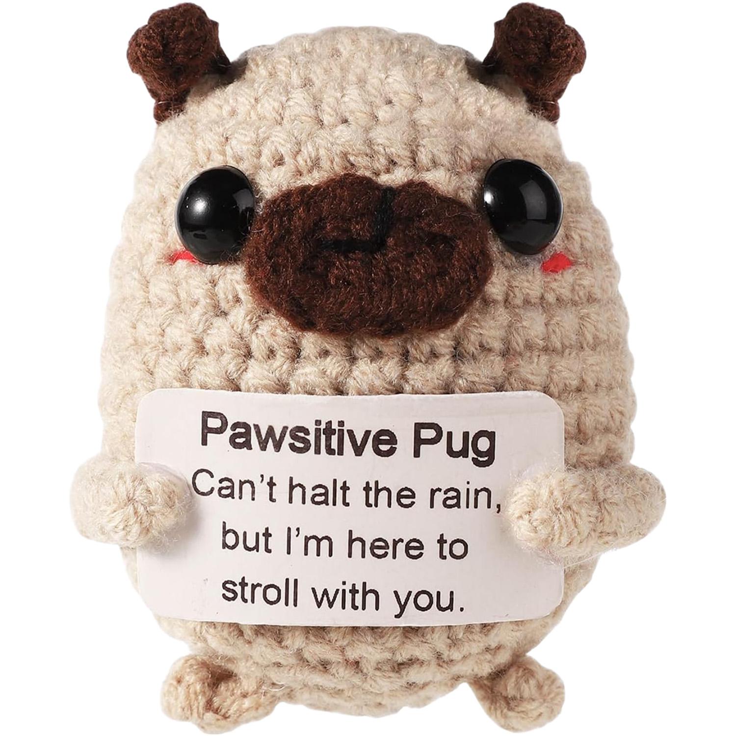 Super cute positive animals crochet pug plush! Tiny knitted lucky charm dolls for emotional support and encouragement. Ideal sweet gifts for friends, family, or charming party decoration. Small in size but big in love and warm comforting vibes.