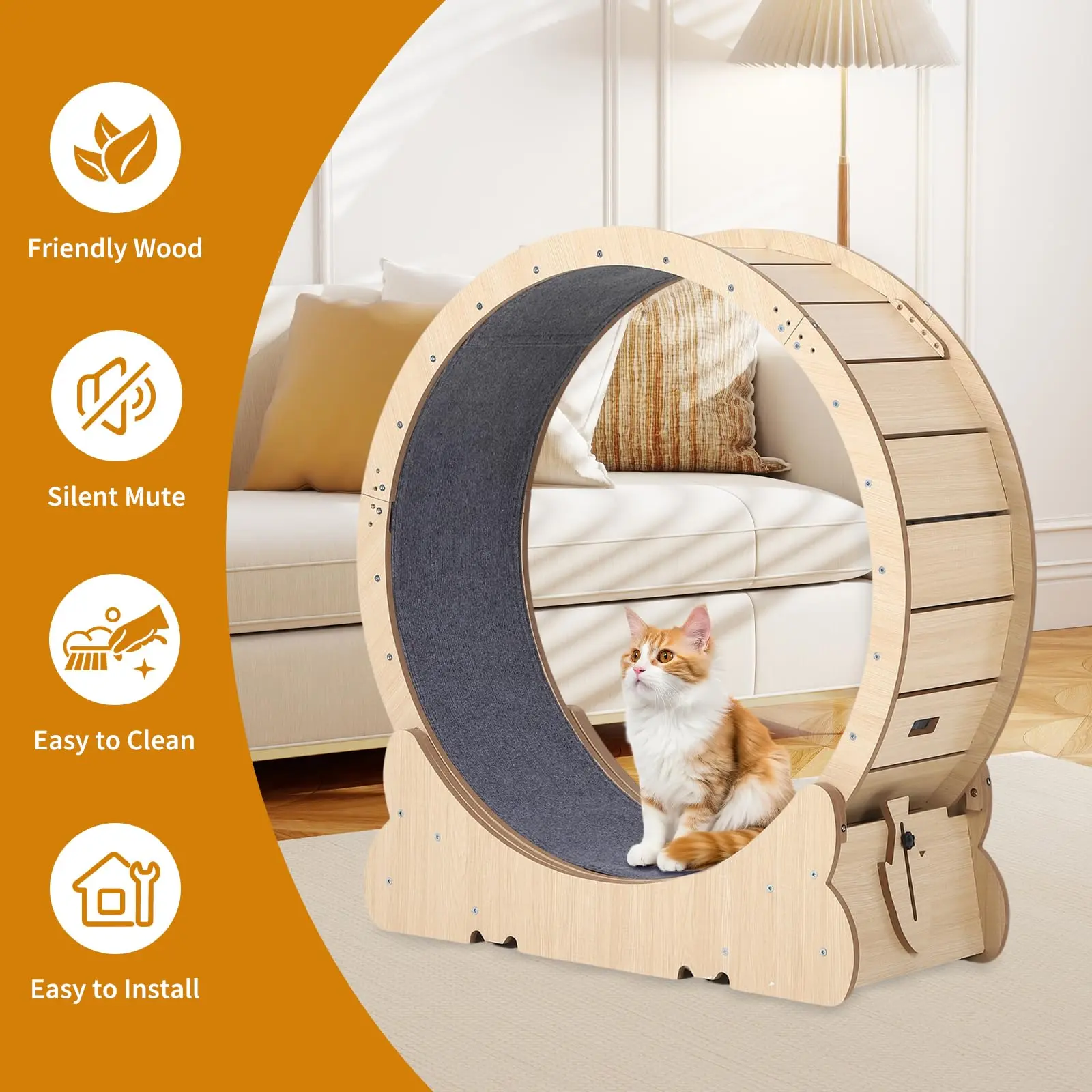 XL Cat Exercise Wheel – 43.3" Large Silent Cat Treadmill for Indoor Cats – 14.5" Wide Running Surface, Locking System, Detachable Carpet, Durable Wooden Build