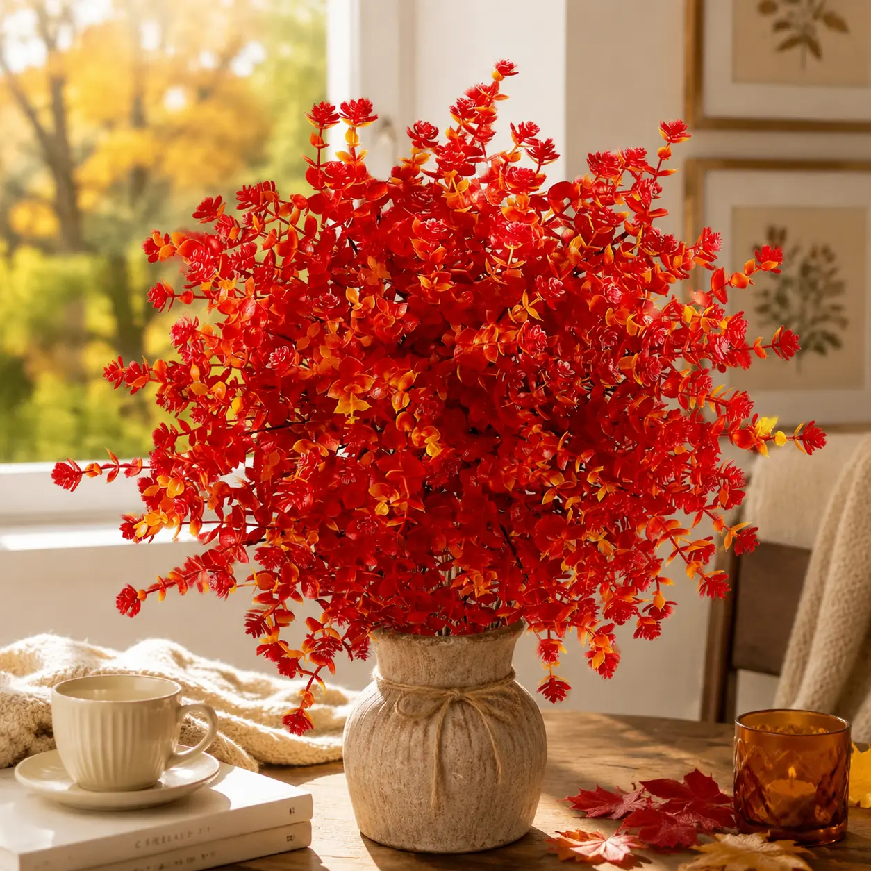 8-Pack UV-Resistant No-Fade Faux Plastic Artificial Flowers & Greenery Decor, Farmhouse Ornaments for Wedding Bouquet, Indoor Home Window/Office Table Vase (Red)