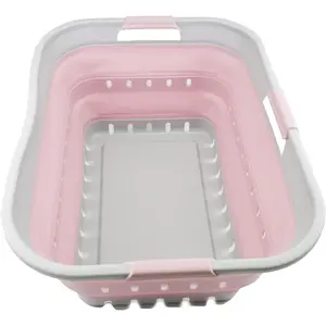 42L (11 gallon) Collapsible Plastic Laundry Basket - Foldable Pop Up Storage Container/Organizer - Portable Washing Tub - Space Saving Hamper/Basket (Grey/Pale Pink)