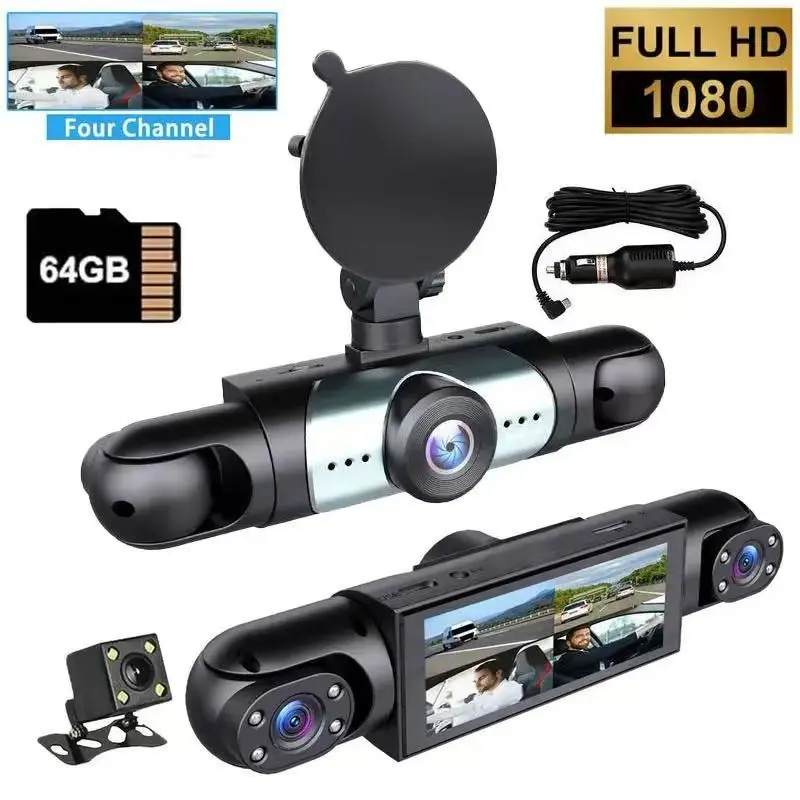 4-Channel Car Dash Camera, 64GB SD Card, Full HD 1080P Video Recording, Night Vision, Parking Mode, 3.16-Inch Display, Front Rear Side Mirror