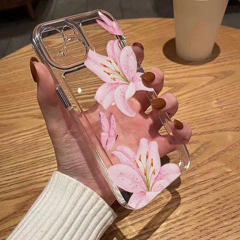 Chic Lily Charm TPU Pattern Phone Case for iPhone 17 15 16 14 Pro Max 13 12 11 XR XS Plus Air  Anti-Yellowing Shockproof Protection Lightweight Transparent Soft Cover Cellphone Protective Durable Protector