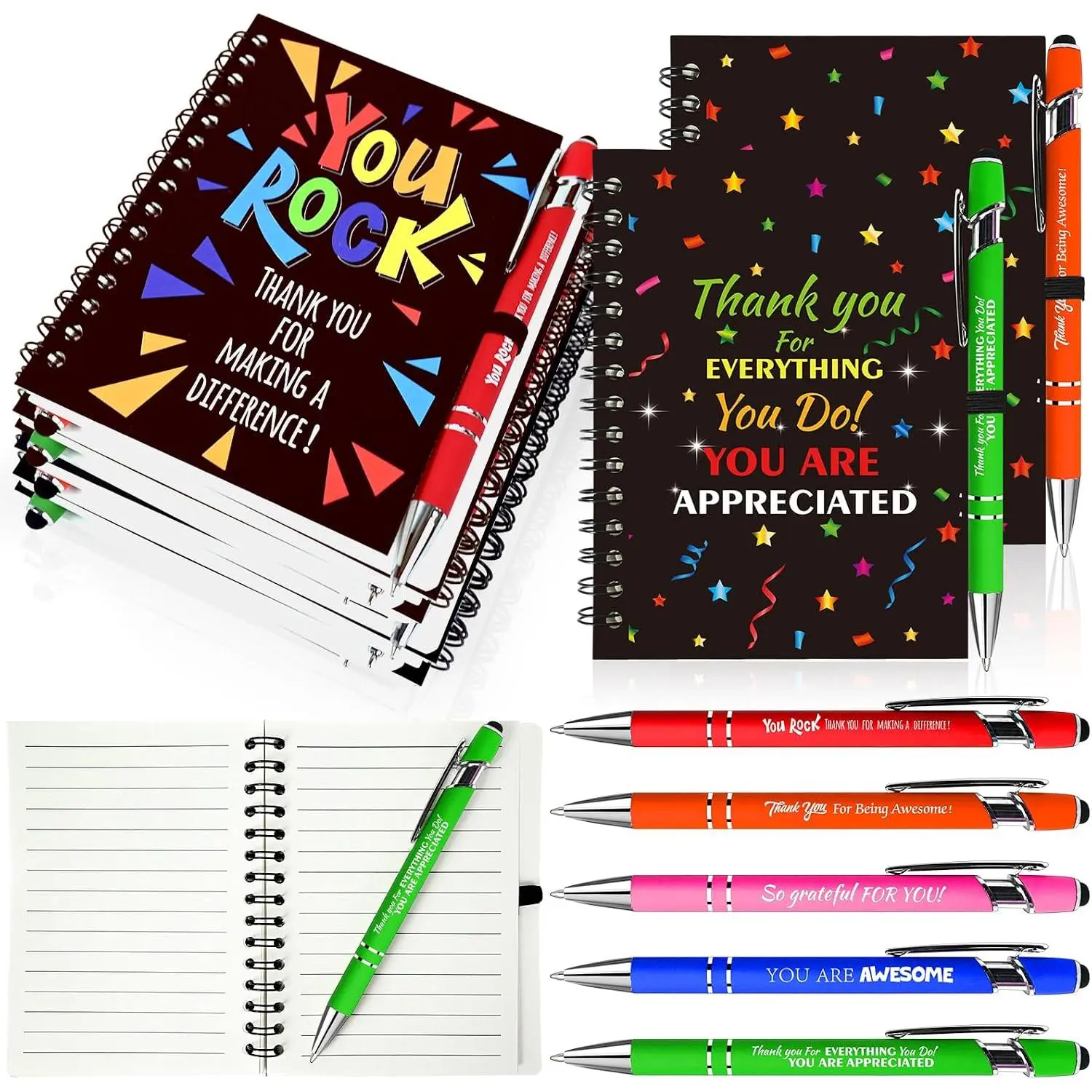 5 Sets/10 Pcs Employee Appreciation Gifts Staff Spiral Notebooks Pens Bulk Stylus Cap for Team Teachers Thank You Inspiration Coworkers Inspirational Christmas Party Supplies
