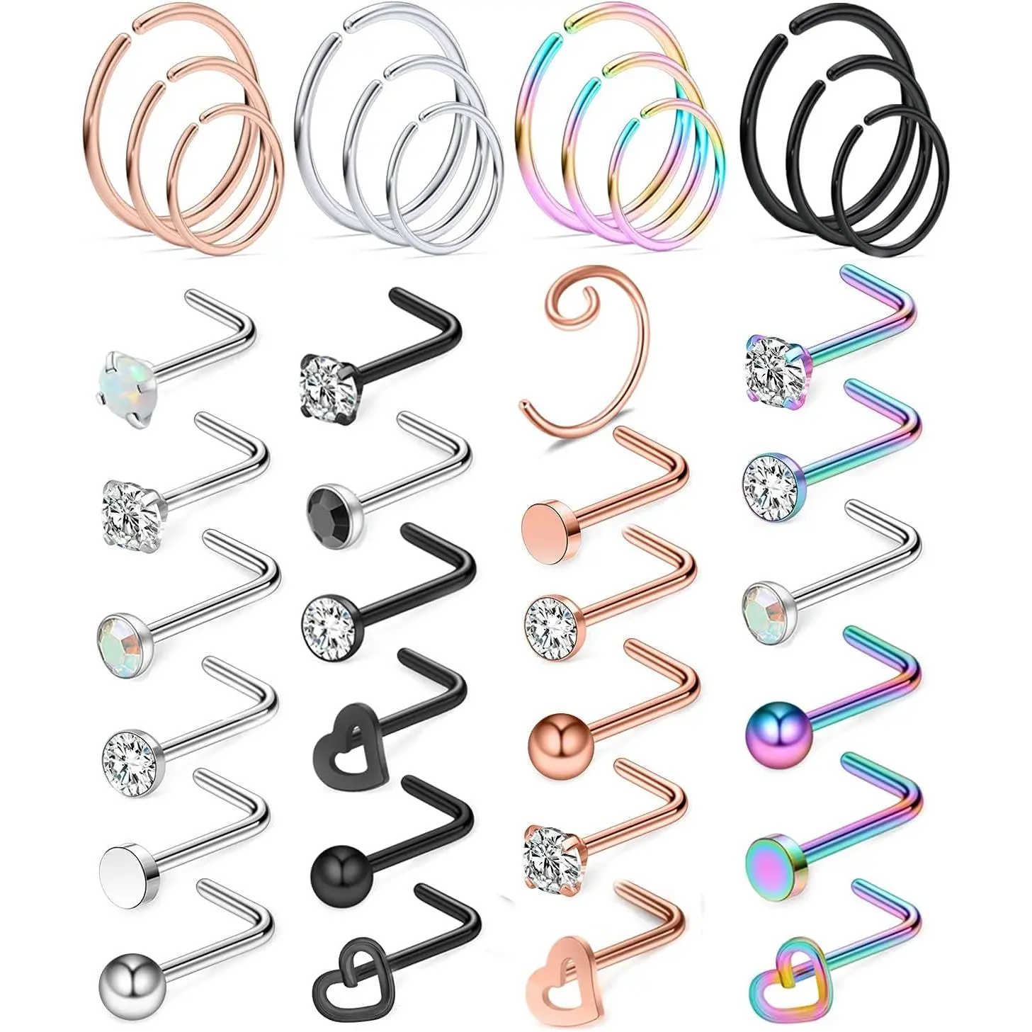 18G 20G 22G Nose Rings Hoops 316L Stainless Steel L Shaped Nose Rings Studs Nostril Piercings  for Women Men  Rose  Black Rainbow