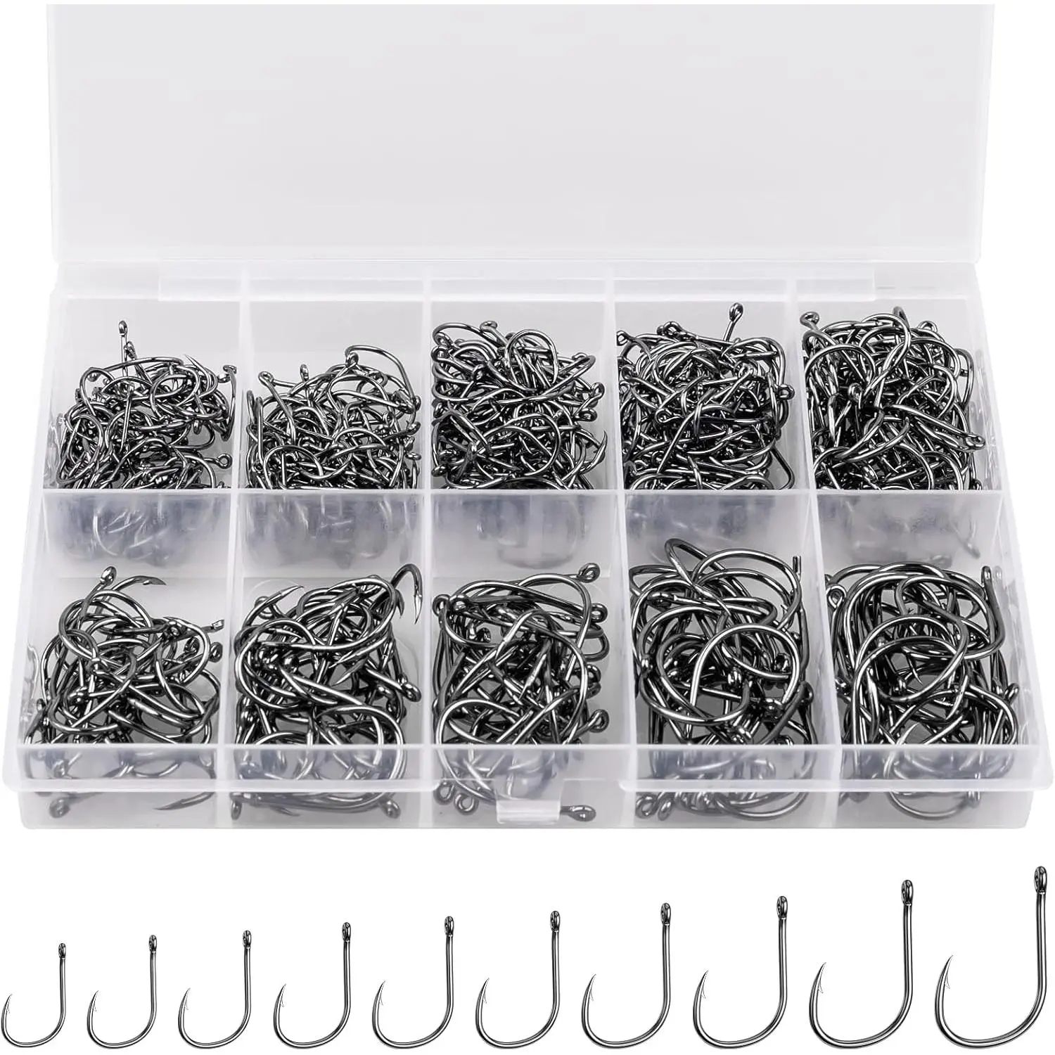 500/100Pcs Premium Fishing Hooks - 10/4 Sizes Carbon Steel Hooks with Portable Plastic Box, Strong Sharp Fish Hooks with Barbs for Freshwater and Seawater, High Strength Durable