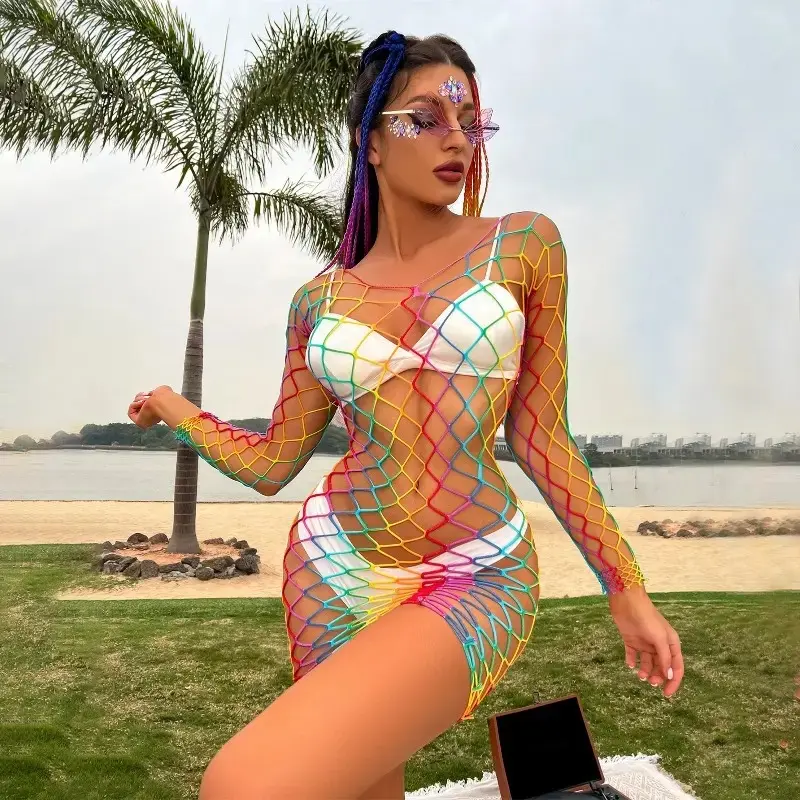 Colorful Rainbow Sheer Mesh Clubwear Cover-Up Made Of Stretchy Hollow Fishnet Material, Eye-Catching Transparent Layer Outfit Perfect For Beach Resort Trips, Pride Parties, Downtown Night Clubs And Summer Rave Festival Styling