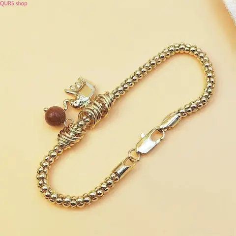 New 2026 14K Gold Plated Beaded Chain Bracelet For Women, Adjustable Lobster Clasp Design With Lucky Elephant Charm & Natural Sunstone Pendant, Good Luck Statement Jewelry For Daily Wear & Gift Giving