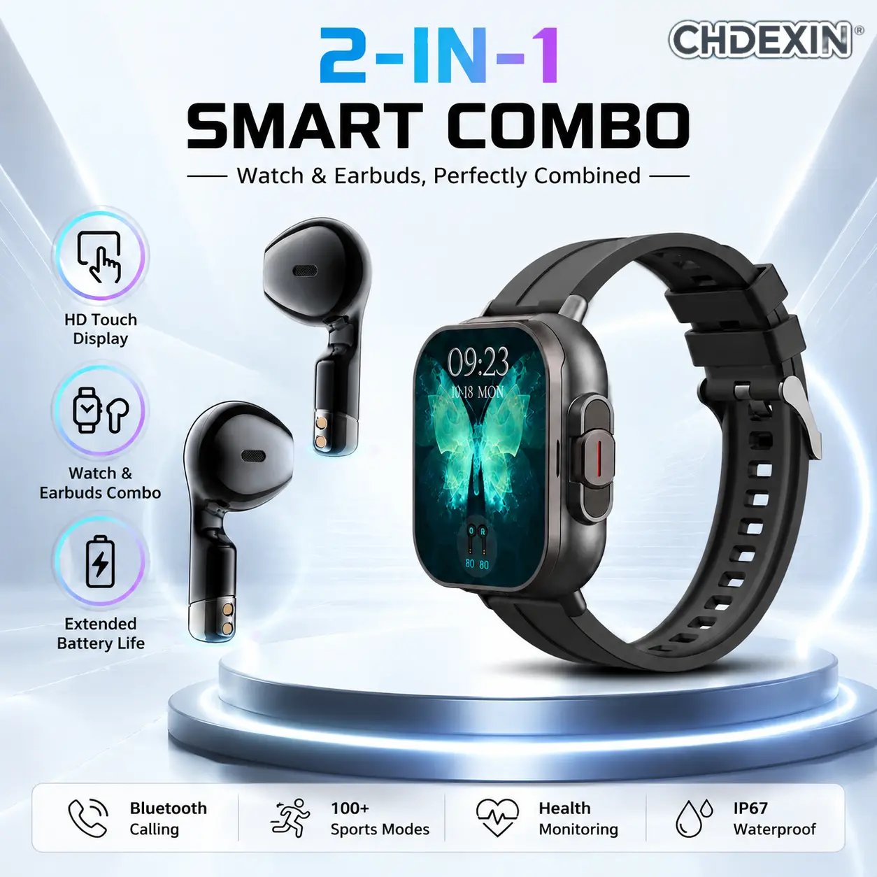 CHDEXIN 2-in-1 Smartwatch with Wireless Earbuds Combo | 2.01" HD Touch Screen Sports Watch with Bluetooth Calling & Health Tracking