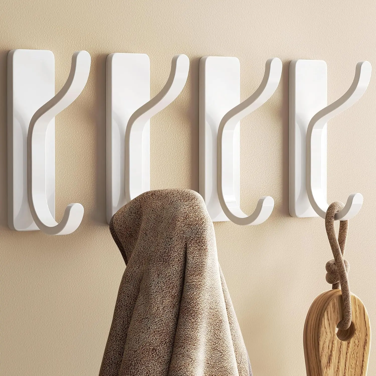 Adhesive Wall Hooks for Towel/Coat,13Lb  Stick- Hooks, White 4 Pack | Hooks for Walls No , Hooks  Heavy Duty, Peel and Stick Hooks for Closet, Door, Bathroom, for Purse, Bag, Cloth