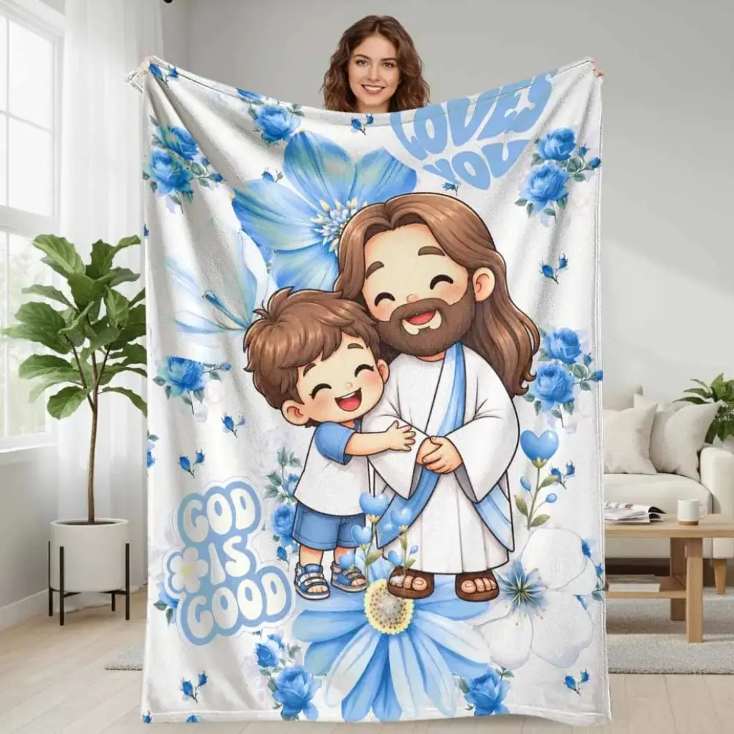 Jesus and Person Flannel Blanket, God Is Good Blue Flower Pattern Soft Plush Warm Lightweight Cozy Throw for Living Room Sofa Bedroom Couch Home Decor, Christian Faith Inspirational Religious Gift for Adults, Throw Blankets, Blankets