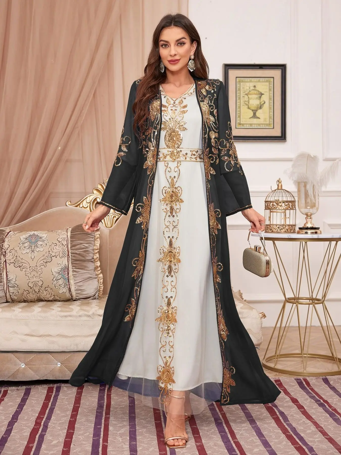 Luxury Gold Embroidered Two-Piece Arab Robe, Sheer Heavy Rhinestone Cardigan + Solid Inner Waist Cinch Maxi Dubai Evening Abaya Set