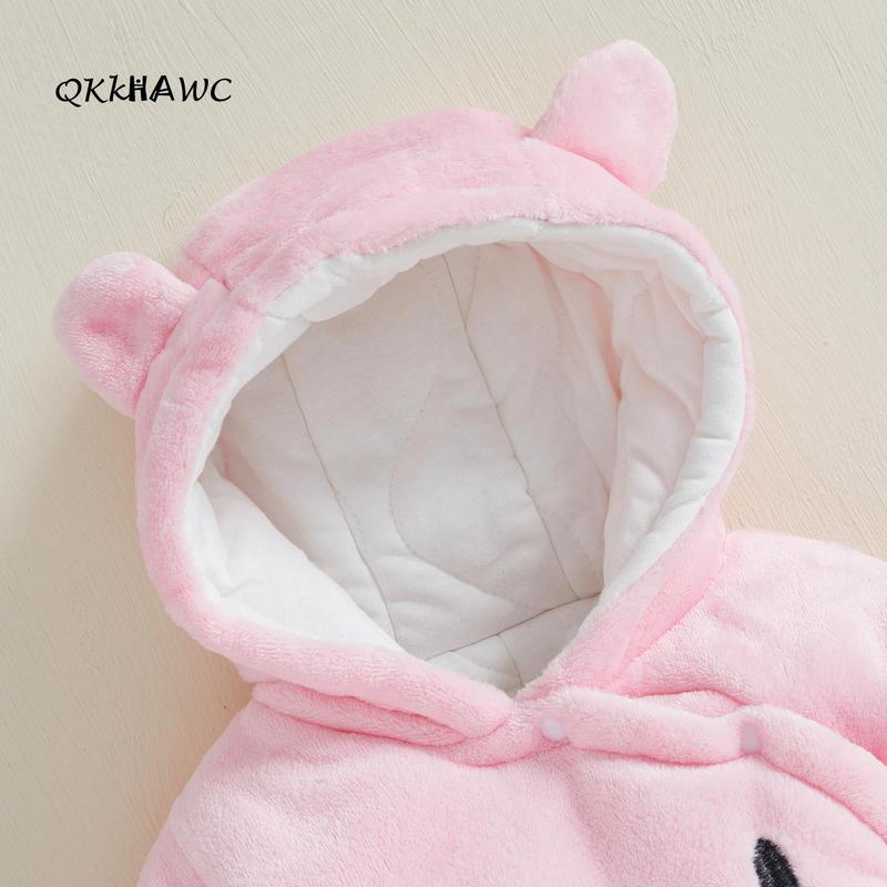 Baby Hooded Footie Romper Snap Up Fleece Snowsuit Winter Outwear Cute Pattern Jumpsuit Cozy