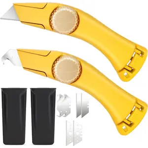 2-Pack Heavy Duty Roofing Knife Fixed Blade - Safety Yellow Utility Knife with Holster & Hook Blades - High-Vis Aluminum Carpet, Drywall & Shingle Cutter Tool with Thumb Wheel