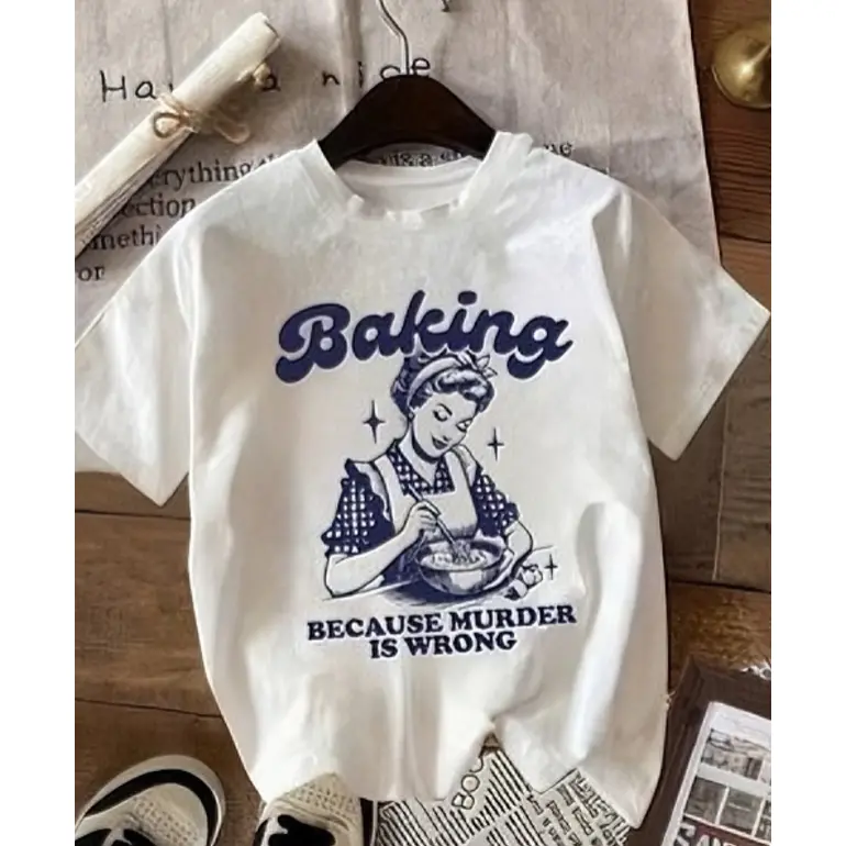 Baking Because Murder Is Wrong Vintage Housewife Graphic T-Shirt, Funny Baker Short Sleeve Tee For Women