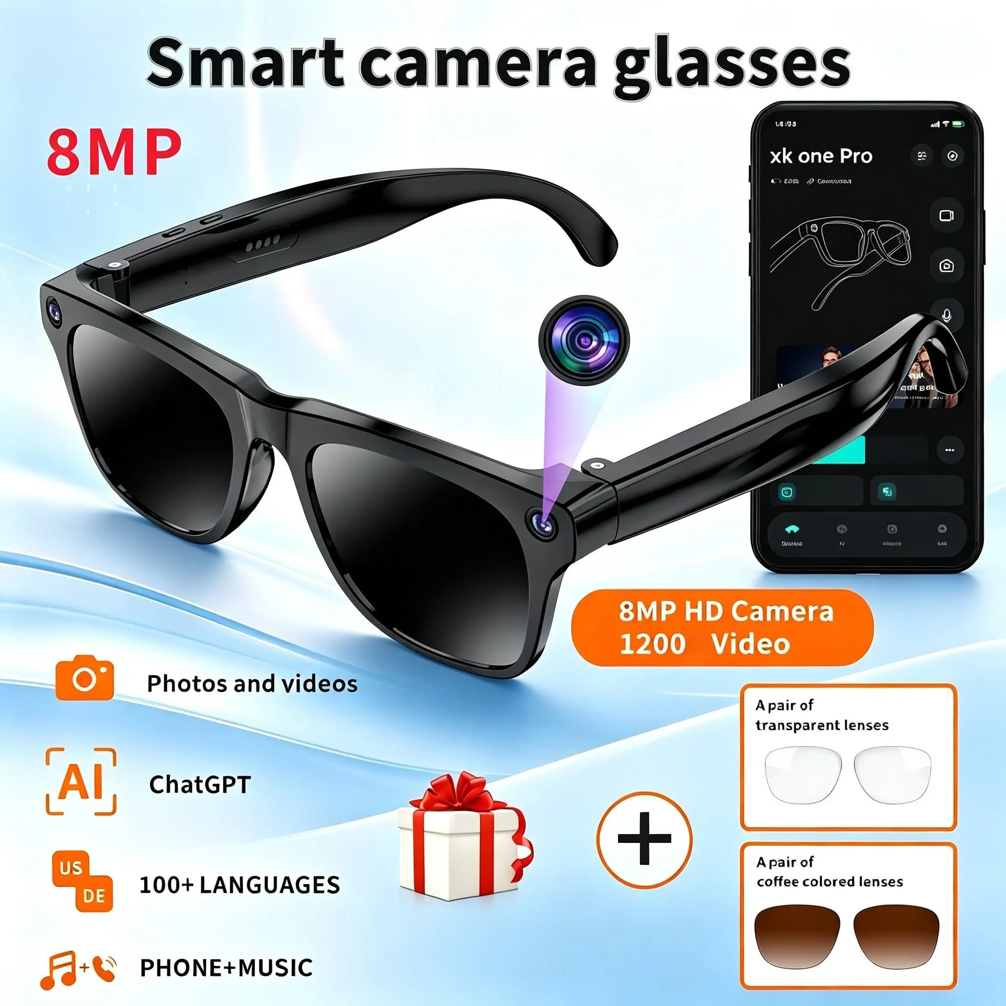 SENBONO New 8MP Smart Sunglasses with Camera, Video Glasses, Real-Time HD Video Recording and HD Photos, Audio Headphones, Language Translation, Free Transparent and Dark Brown Lenses Included