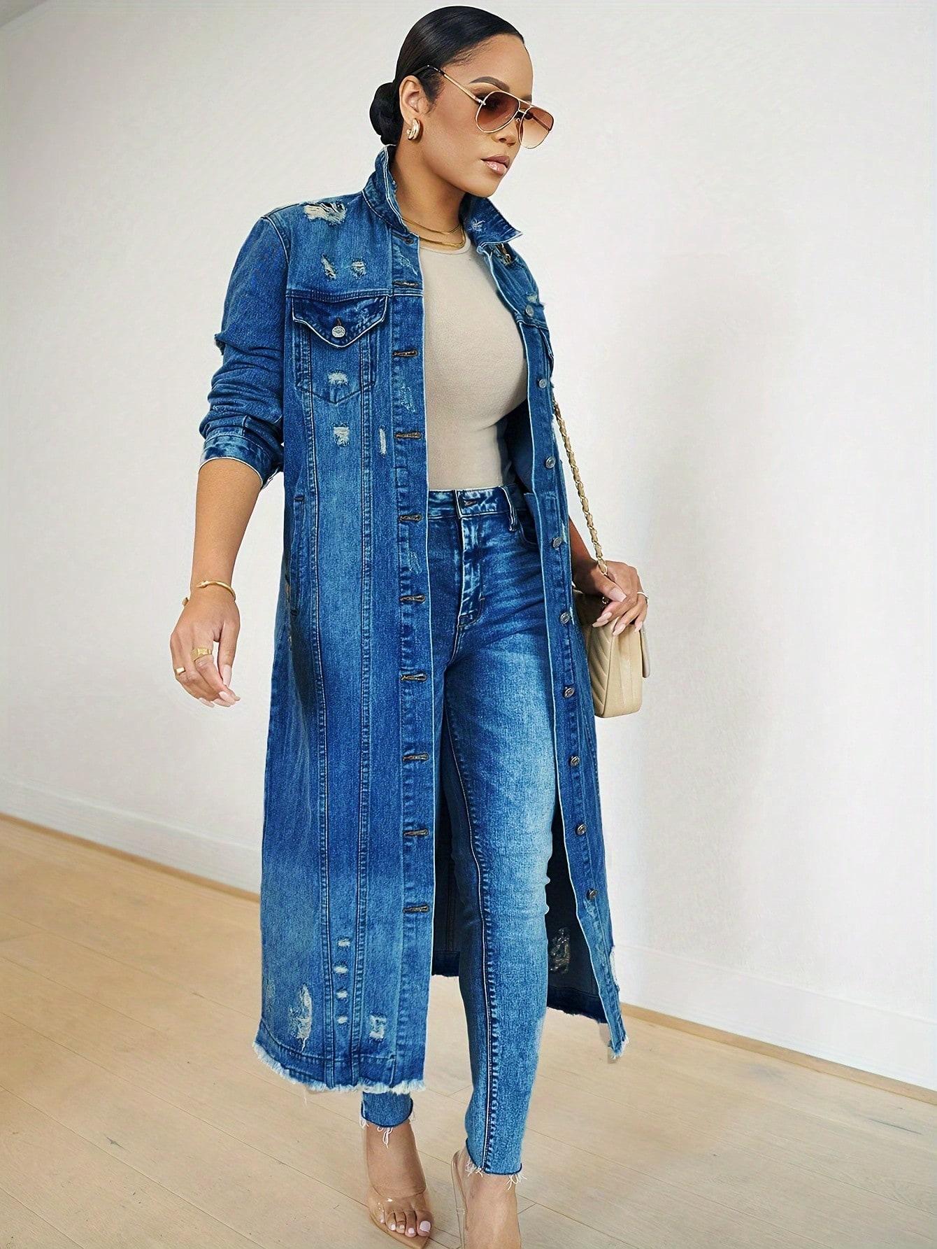 Womens Distressed Ripped Denim Trench Coat Casual Slim Button Down Washed Long Jean Jacket Long Sleeve Solid Color Coat SpringStatements