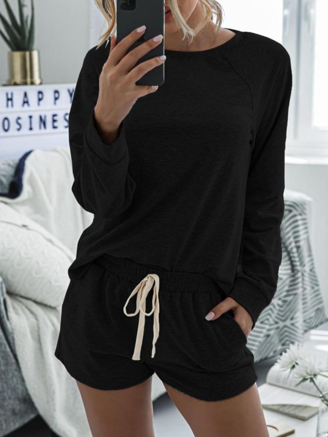 Women's Solid Tee & Drawstring Waist Shorts Set, Casual Sporty Round Neck Long Sleeve Top & Pocket Design Shorts, Ladies Sportswear for Indoor Outdoor Wear