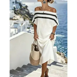 Striped One-Shoulder Cotton Linen Breathable Dress, Loose Mid-Length, Beach Vacation, Travel, Daily Wear, Casual Party, Comfortable Slimming Maxi Dress