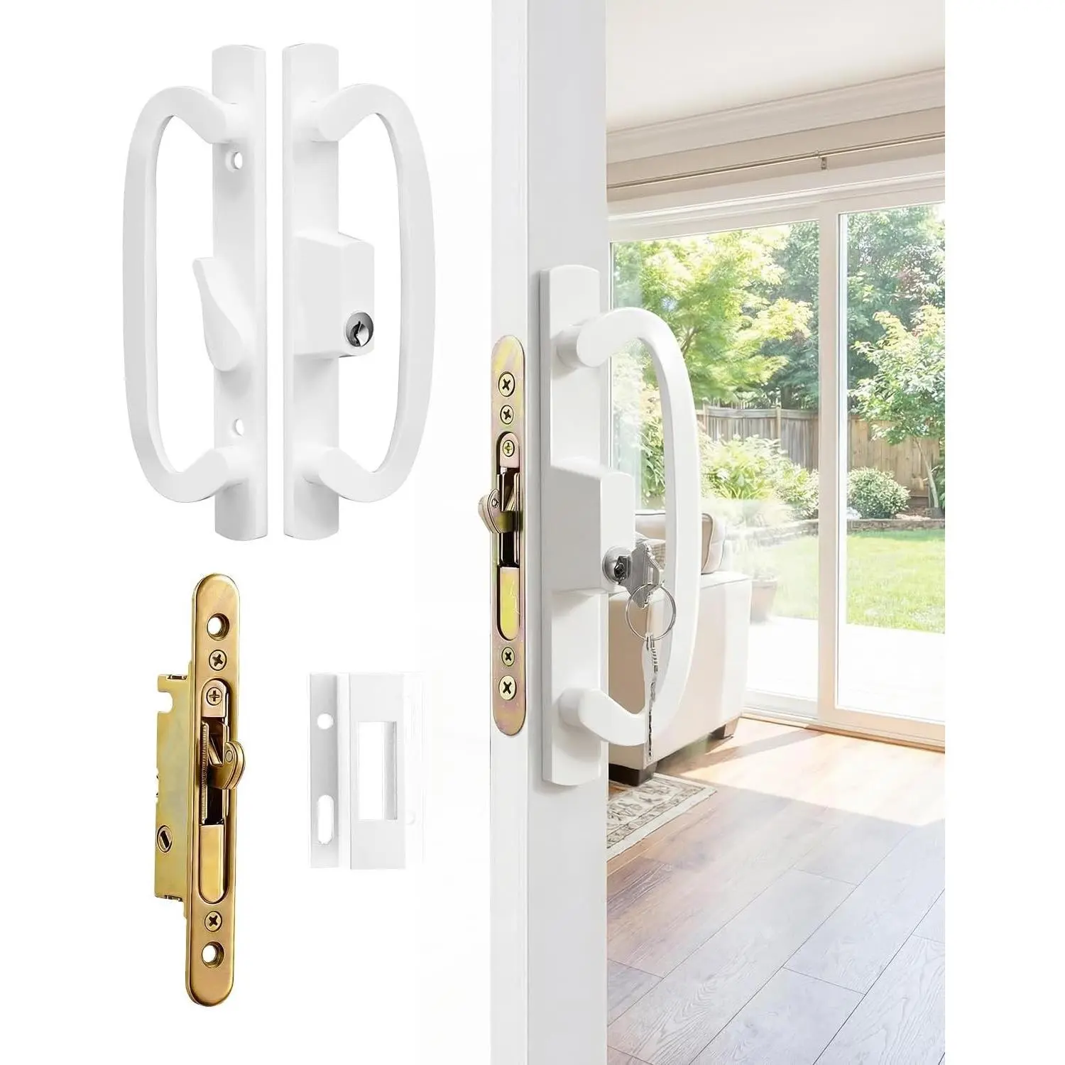 Keyed Sliding Glass Door Lock Handle Replacement Hardware - 3-15/16" H.C., 45° Keyway, Fits 1-3/8" to 2" Thick Doors, White Diecast Zinc, Left/Right Flip, Includes Mortise Lock, Keeper & Offset Thumb Latch