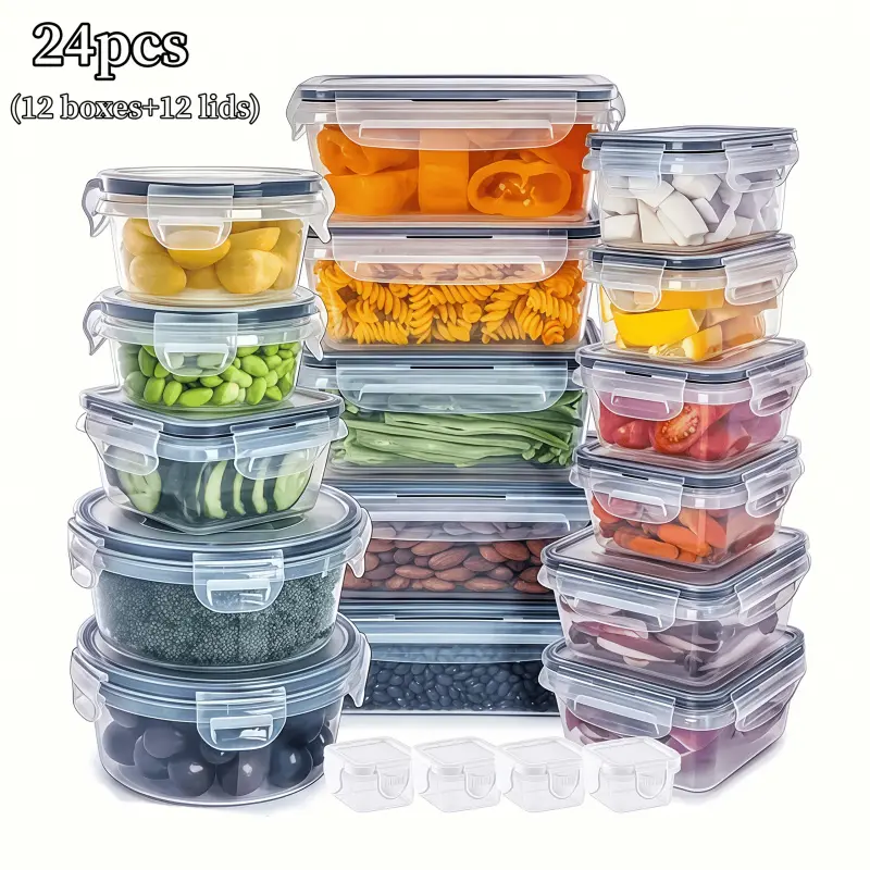 12 Piece Fridge Storage Containers with 4-Side Buckle Sealing Multi-Size Organizers for Kitchen Food Storage Vegetables Fruits Lunches Meat Large Capacity
