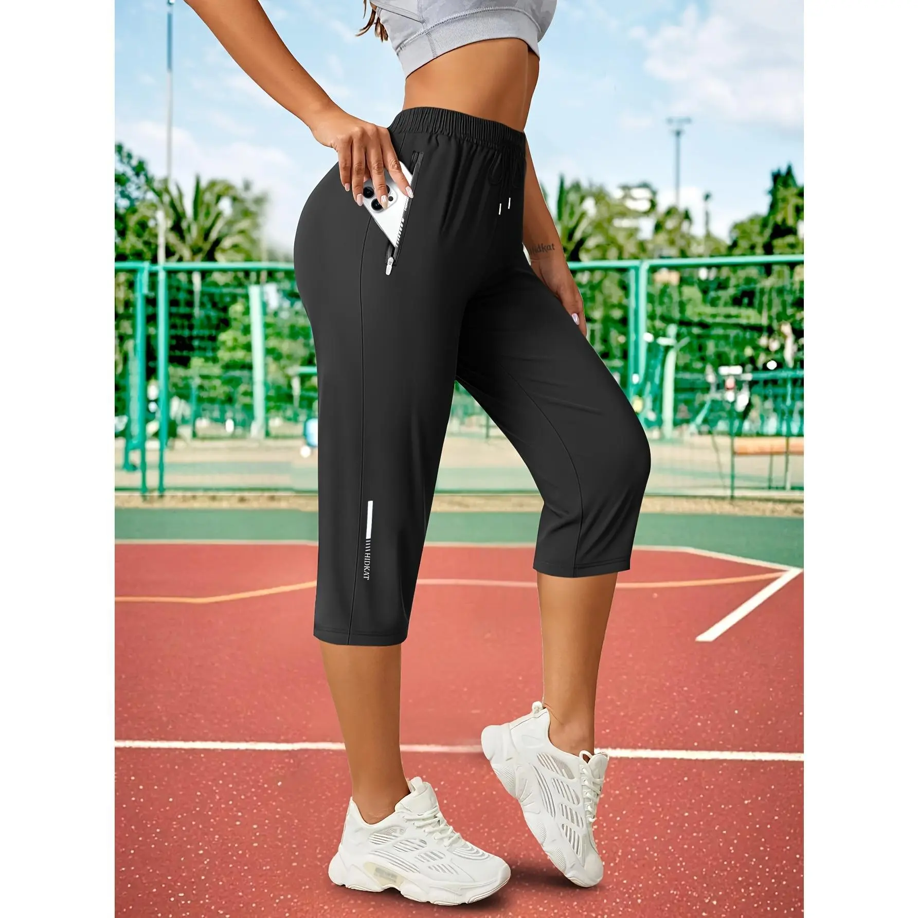 Women's Ice Silk Capri Pants - Slim Fit, Capri Length, Everyday Active, Ultra-Comfortable Cooling Breathable Fabric, Drawstring Waist, Secure Zipper Pockets, Lightweight, Machine Washable, Normal Type, Ideal for Summer Jogging, Everyday Casual, Quick Dry