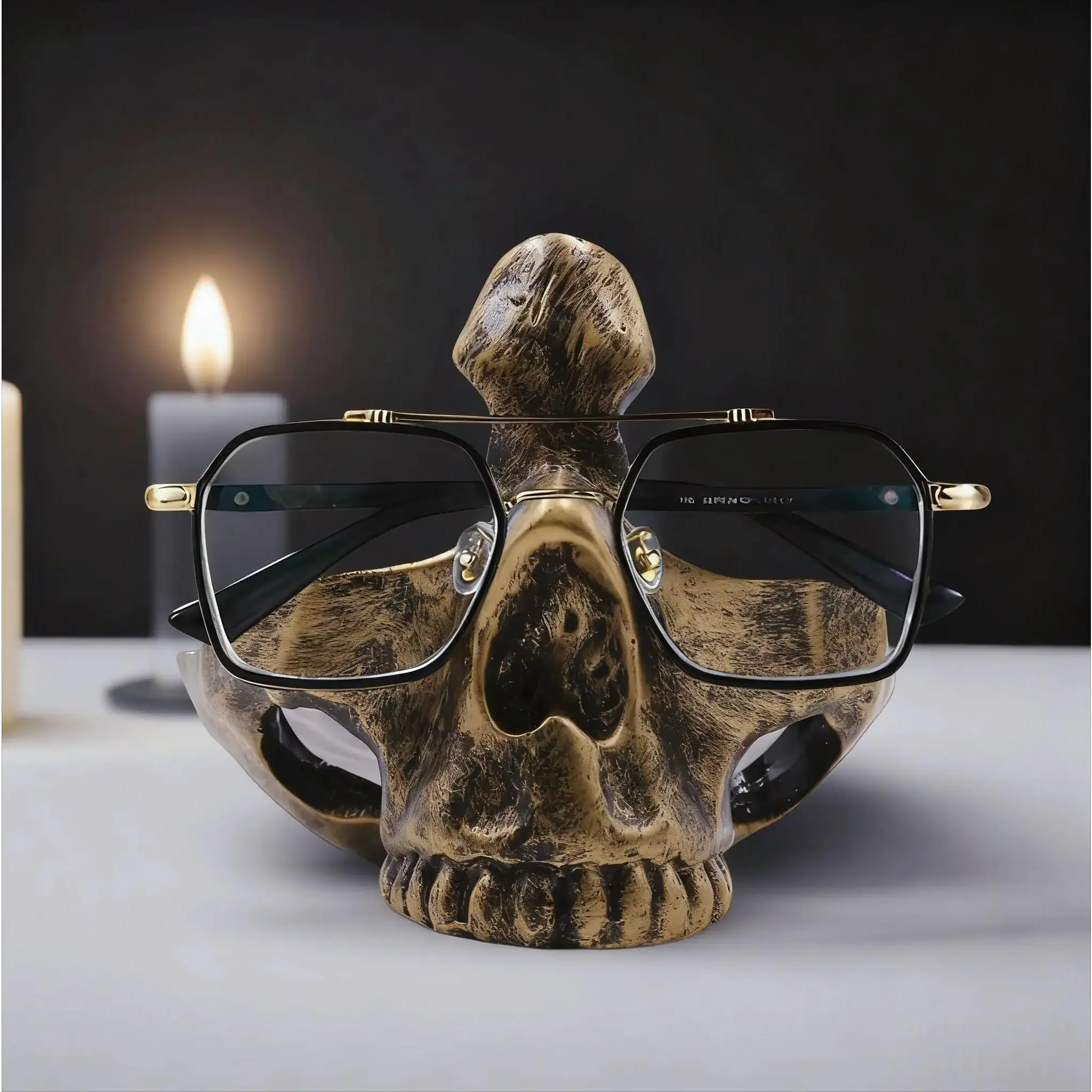 Gothic Skull Shape Eyewear Holder - Resin Desk Organizer Accessory with Jewelry Tray, Novelty Gothic Theme Home Office Desktop Decor